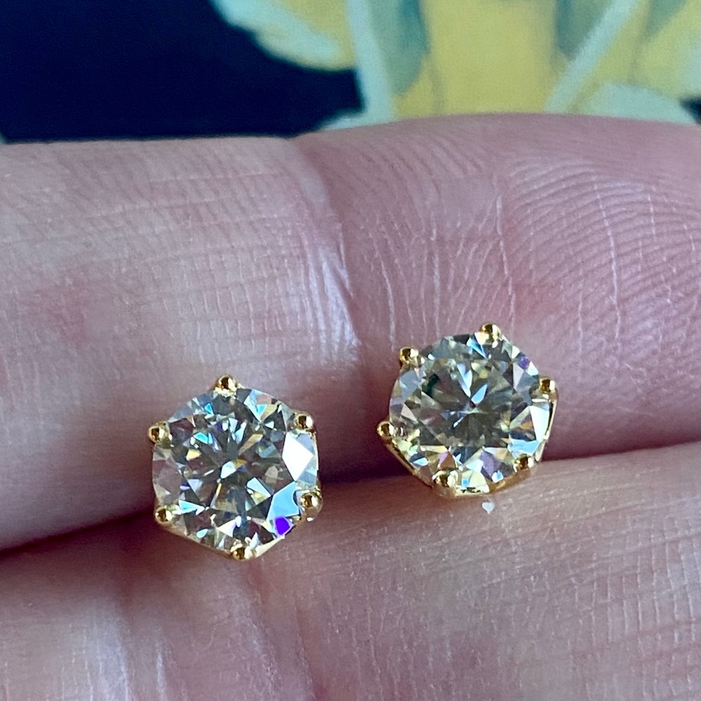 Moissanite studs 4ct 2 ct each huge Bling earrings solitaire 14k gold plated